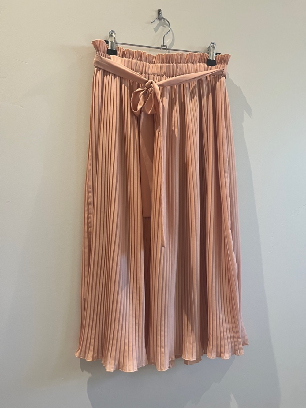 Pleated Peach Midi Skirt with Waist Tie